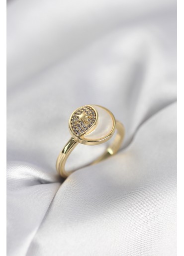 Erb Ay Yıldız Model Gold Renk Zirkon Taşlı Kadın Yüzük