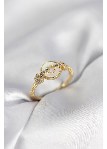 Erb Gold Renk Daire Form Sedef Ve Zirkon Taşlı Kadın Yüzük