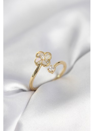 Erb Gold Renk Zirkon Taşlı Yonca Model Kadın Yüzük