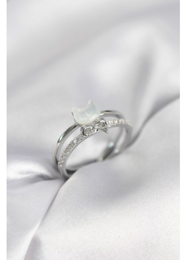 Erb Gümüş Renk Sedefli Kedi Model Fiyonklu Zirkon Taşlı Kadın Yüzük