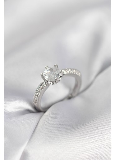 Erb Tek Taş Model Zirkon Taşlı Gümüş Renk Kadın Yüzük