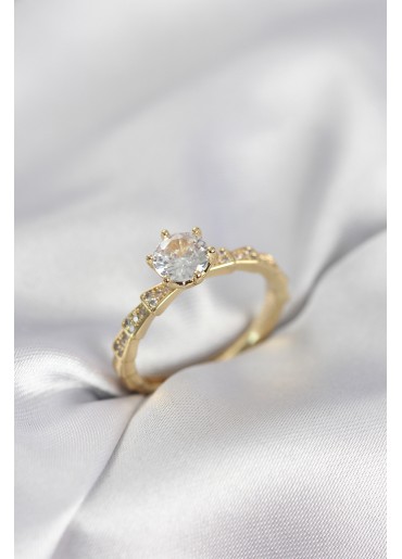 Erb Gold Renk Zirkon Taşlı Tek Taş Model Kadın Yüzük