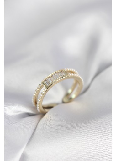 Erb Baget Zirkon Taşlı Gold Renk İncili Kadın Yüzük