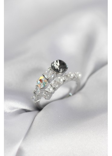 Erb Gümüş Renk Pirinç Zirkon Taşlı İncili Kadın Yüzük