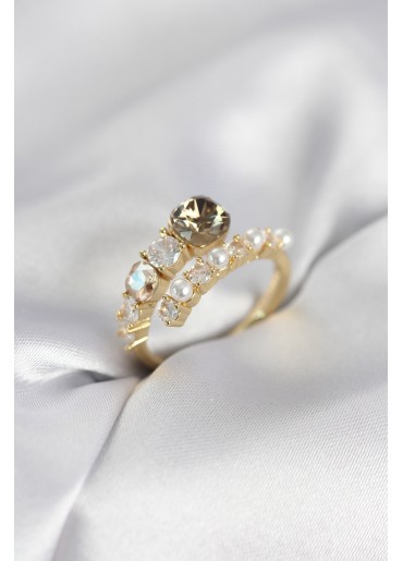 Erb Gold Renk Pirinç Zirkon Taşlı İncili Kadın Yüzük