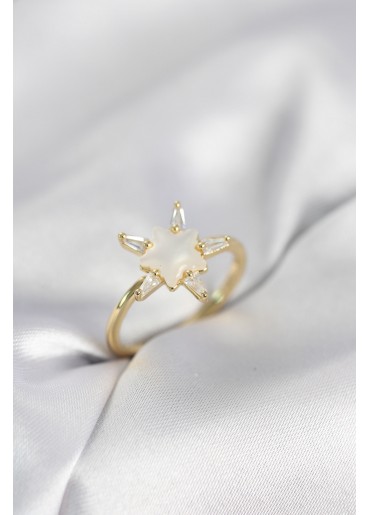 Erb Gold Renk Yıldız Model Sedefli Zirkon Taşlı Kadın Yüzük