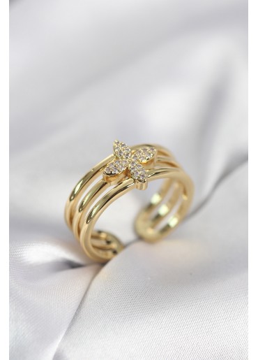 Erb Gold Renk Zirkon Taşlı Yonca Model Kadın Yüzük