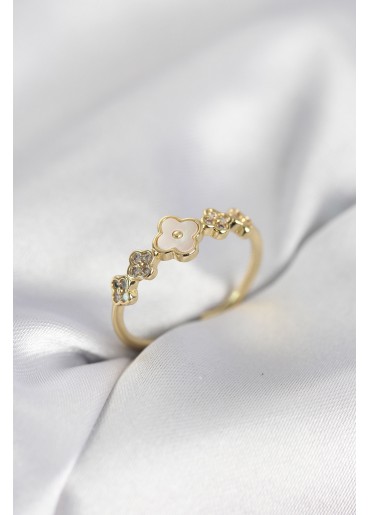 Erb Gold Renk Minimal Yonca Ve Zirkon Taşlı Kadın Yüzük