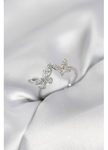 Erb Kelebek Model Zirkon Taşlı Gümüş Renk Kadın Yüzük