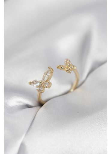Erb Kelebek Model Zirkon Taşlı Gold Renk Kadın Yüzük