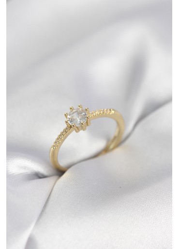 Erb Tek Taş Model Gold Renk Zirkon Taşlı Kadın Yüzük