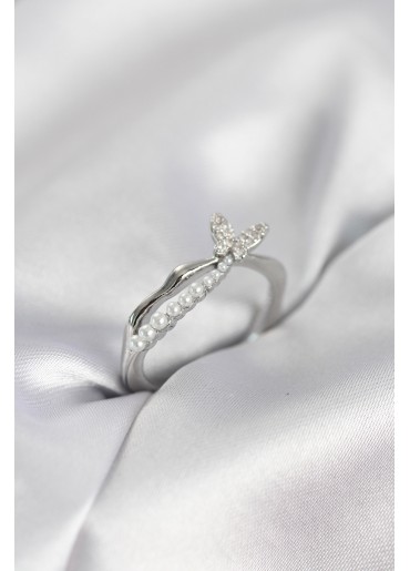 Erb Gümüş Renk Kuyruklu Kelebek Model İncili Kadın Yüzük