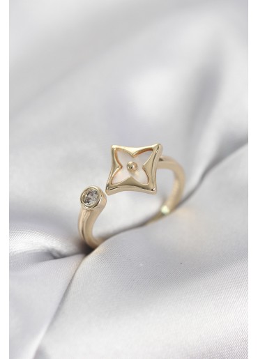 Erb Gold Renk Köşeli Yonca Model Zirkon Taşlı Kadın Yüzük