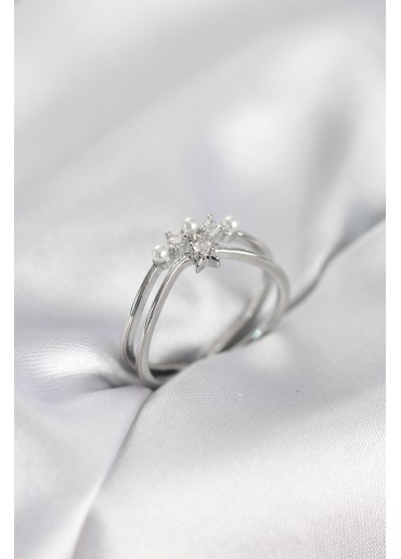 Erb Gümüş Renk İncili Yıldız Model Zirkon Taşlı Kadın Yüzük