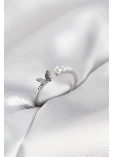 Erb İncili Kelebek Model Gümüş Renk Pirinç Kadın Yüzük