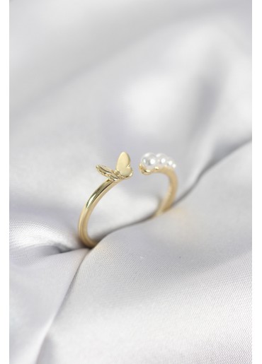 Erb İncili Kelebek Model Gold Renk Pirinç Kadın Yüzük