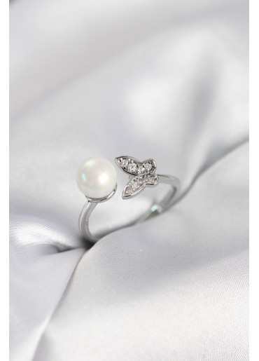 Erb Kelebek İncili Model Gümüş Renk Zirkon Taşlı Kadın Yüzük