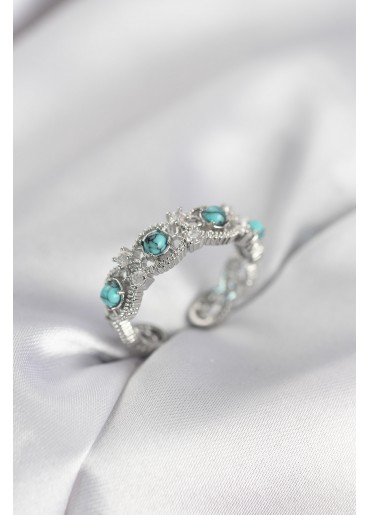 Erb Mavi Taşlı Gümüş Renk Vintage Kadın Yüzük