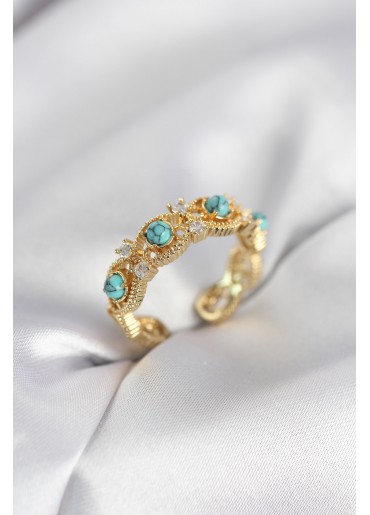 Erb Mavi Taşlı Gold Renk Vintage Kadın Yüzük