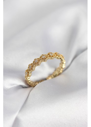 Erb Sıralı Çiçek Model Gold Renk Zirkon Taşlı Kadın Yüzük