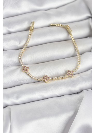 Erb Pembe Yonca Detaylı Zirkon Taşlı Gold Renk Pirinç Su Yolu Kadın Bileklik