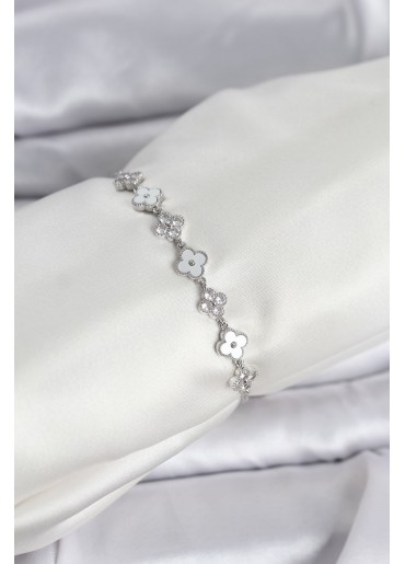 Erb Gümüş Renk Zirkon Taşlı Sıralı Yonca Model Asansörlü Kadın Bileklik