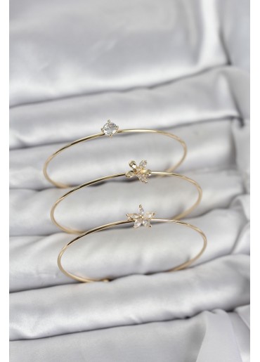 Erb Gold Renk Zirkon Taşlı Pirinç 3\'lü Kadın Bileklik Kombini