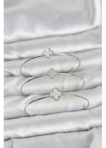 Erb Gümüş Renk Yonca Model Zirkon Taşlı 3\'lü Kadın Bileklik Kombini