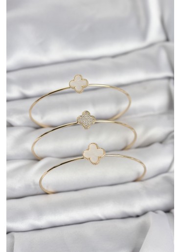 Erb Gold Renk Yonca Model Zirkon Taşlı 3\'lü Kadın Bileklik Kombini