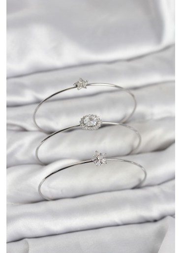 Erb Zirkon Taşlı Gümüş Renk Tek Taş Model 3\'lü Kadın Bileklik Kombini