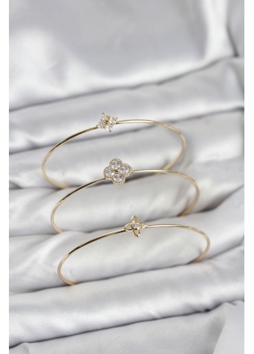 Erb Zirkon Taşlı Gold Renk Yonca Tasarım 3\'lü Kadın Bileklik Kombini