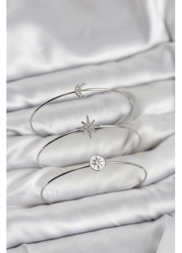 Erb Gümüş Renk Zirkon Taşlı Kutup Yıldızı Model 3\'lü Kadın Bileklik Kombini