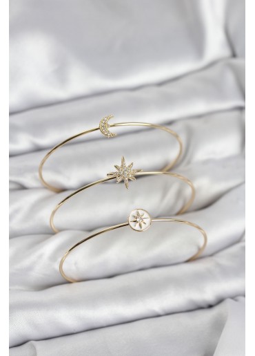 Erb Gold Renk Zirkon Taşlı Kutup Yıldızı Model 3\'lü Kadın Bileklik Kombini