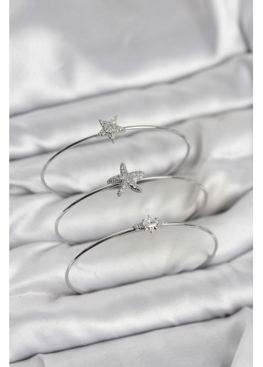 Erb Gümüş Renk Zirkon Taşlı Deniz Yıldızı Model 3\'lü Kadın Bileklik Kombini