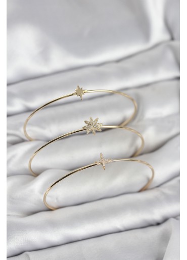 Erb Zirkon Taşlı Kutup Yıldızı Model Gold Renk 3\'lü Kadın Bileklik Kombini