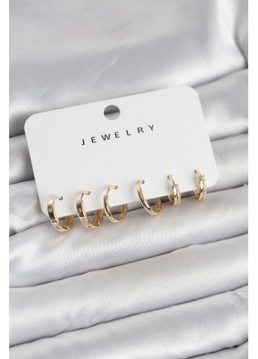 Erb Gold Renk Pirinç 3 Çift Kadın Küpe Seti