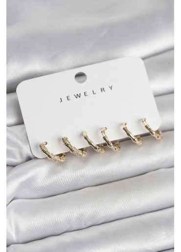 Erb Gold Renk Pirinç Kemik Model 3 Çift Kadın Küpe Seti