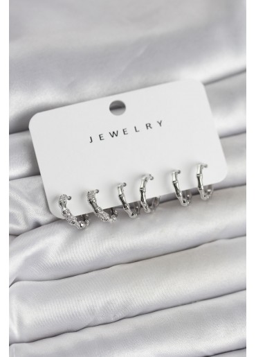 Erb Gümüş Renk Pirinç Kemik Model 3 Çift Kadın Küpe Seti