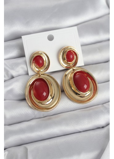 Erb Kırmızı Sallantılı Damla Model Gold Renk Vintage Kadın Küpe