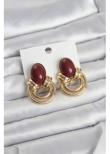 Erb Pirinç Gold Renk Bordo Taşlı Vintage Kadın Küpe