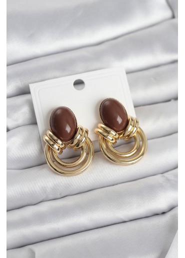 Erb Pirinç Gold Renk Kahverengi Taşlı Vintage Kadın Küpe