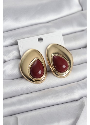 Erb Pirinç Gold Renk Bordo Taşlı Damla Model Vintage Kadın Küpe