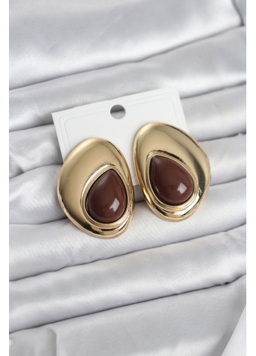 Erb Pirinç Gold Renk Kahverengi Taşlı Damla Model Vintage Kadın Küpe