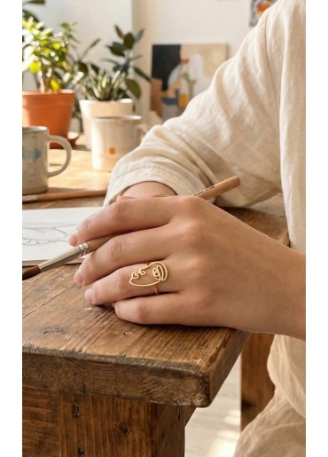 Erb Pirinç Gold Renk Picasso Tarzı Tek Çizgi Yüz Model Kadın Yüzük