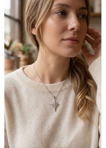 Erb 316L Çelik Gümüş Renk Zirkon Taşlı Kutup Yıldızı Model Kolye