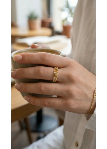 Erb Gold Renk Motif Desenli Zirkon Taşlı Kadın Yüzük