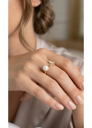 Erb Kelebek İncili Model Gold Renk Zirkon Taşlı Kadın Yüzük