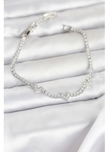 Erb Pirinç Gümüş Renk Kalp Model Zirkon Taşlı Su Yolu Kadın Bileklik