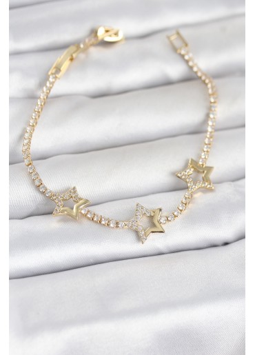 Erb Pirinç Gold Renk Yıldız Model Zirkon Taşlı Su Yolu Kadın Bileklik