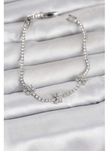 Erb Pirinç Gümüş Renk Çiçek Model Zirkon Taşlı Su Yolu Kadın Bileklik